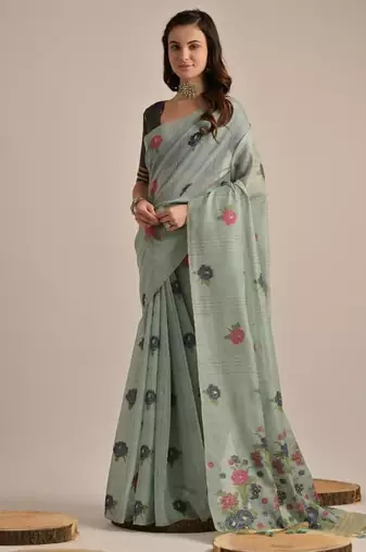 Sky blue color muga cotton flower concept weaving saree