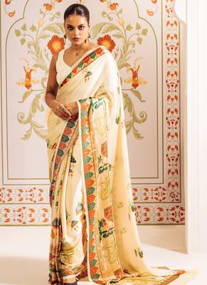 Cream original japan satin saree with digital print blouse 1