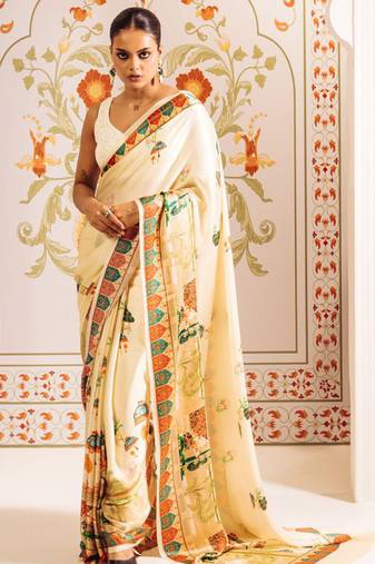 Cream original japan devsena satin saree japan satin digital print blouse