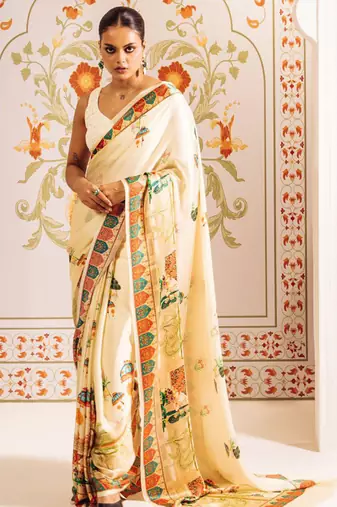 Cream original japan devsena satin saree japan satin digital print blouse