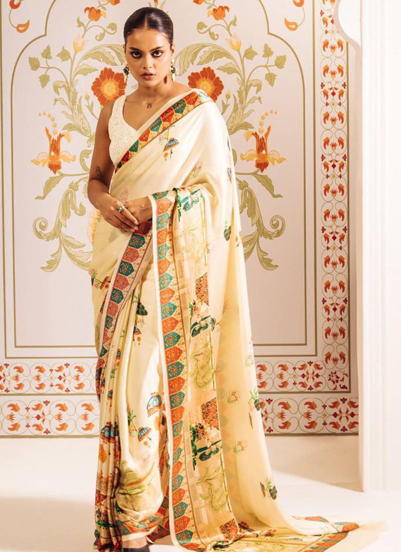 Cream original japan devsena satin saree japan satin digital print blouse
