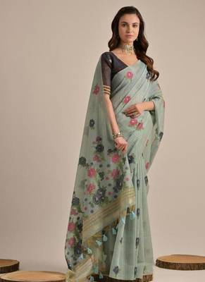 Sky blue color muga cotton flower concept weaving saree 3