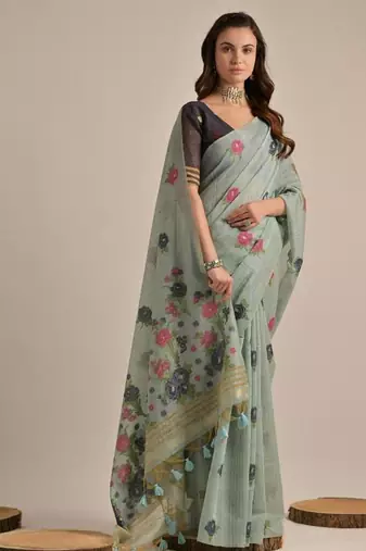 Sky blue color muga cotton flower concept weaving saree