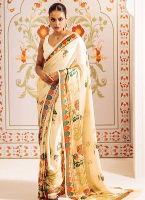 Cream original japan satin saree with digital print blouse 2
