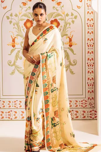Cream original japan satin saree with digital print blouse