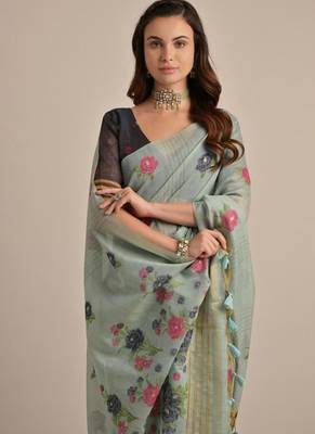 Sky blue color muga cotton flower concept weaving saree 4