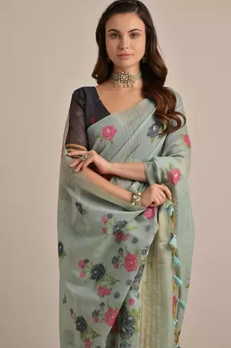 Sky blue color muga cotton flower concept weaving saree