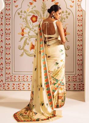 Cream original japan satin saree with digital print blouse 3
