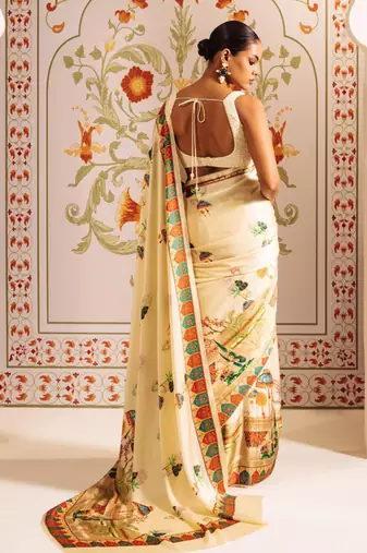 Cream original japan satin saree with digital print blouse