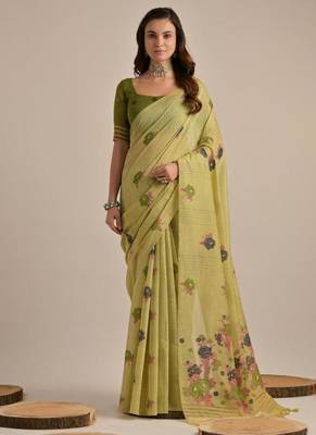Mehendi color muga cotton flower concept weaving saree 1