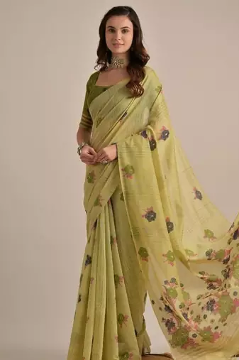 Mehendi color muga cotton flower concept weaving saree