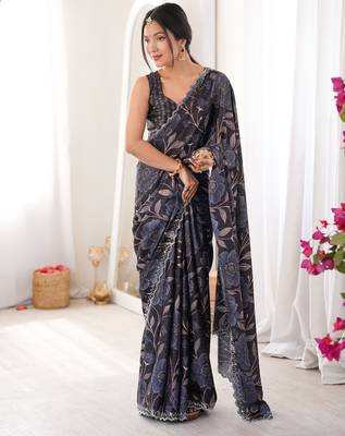 black silk blend digital printed saree with swarovski diamond work & blouse piece 3