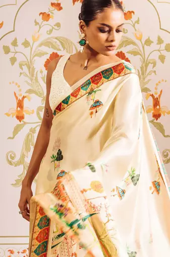 Cream original japan satin saree with digital print blouse
