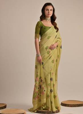 Mehendi color muga cotton flower concept weaving saree 3