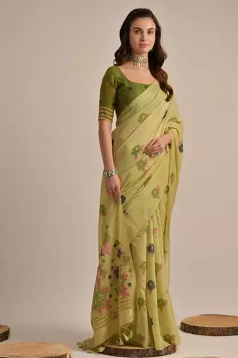Mehendi color muga cotton flower concept weaving saree