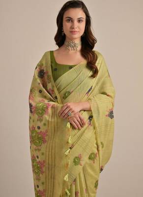 Mehendi color muga cotton flower concept weaving saree 4