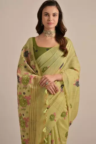 Mehendi color muga cotton flower concept weaving saree