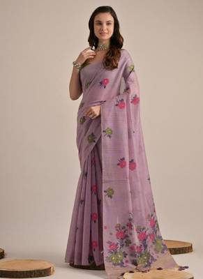 Purple color muga cotton flower concept weaving saree 1