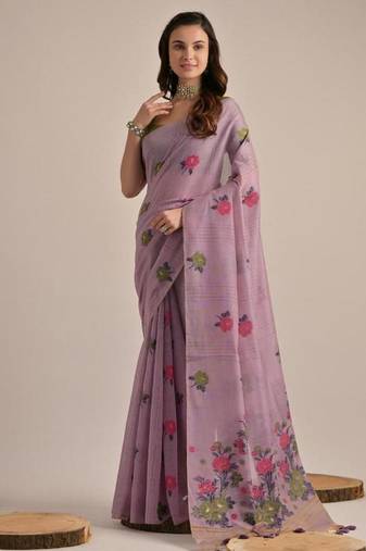Purple color muga cotton flower concept weaving saree