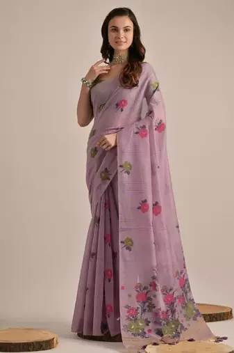 Purple color muga cotton flower concept weaving saree