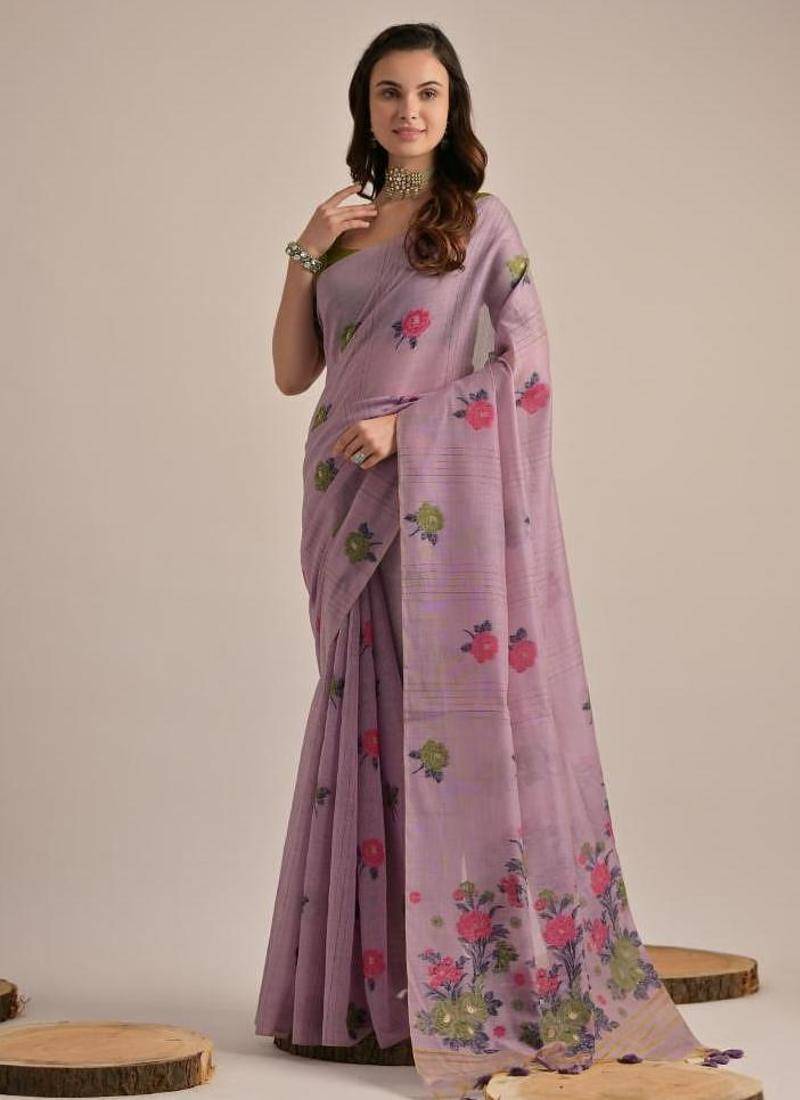 Purple color muga cotton flower concept weaving saree