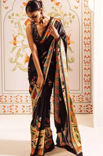 Black original japan devsena satin saree japan satin digital print blouse