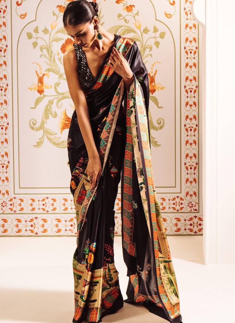 Black original japan devsena satin saree japan satin digital print blouse