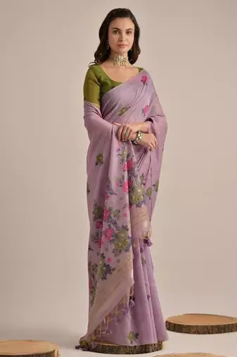 Purple color muga cotton flower concept weaving saree