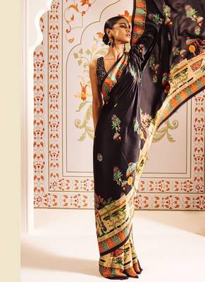 Black original japan satin saree with digital print blouse 2