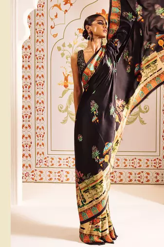 Black original japan satin saree with digital print blouse