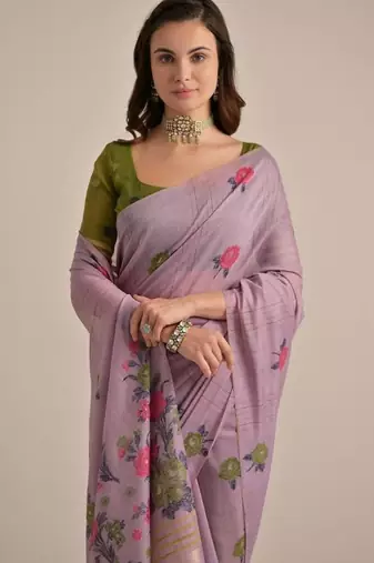 Purple color muga cotton flower concept weaving saree