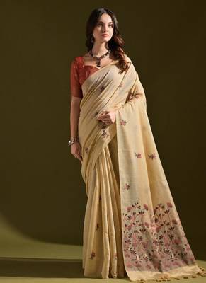 Cream muga cotton flower weaving concept saree 1