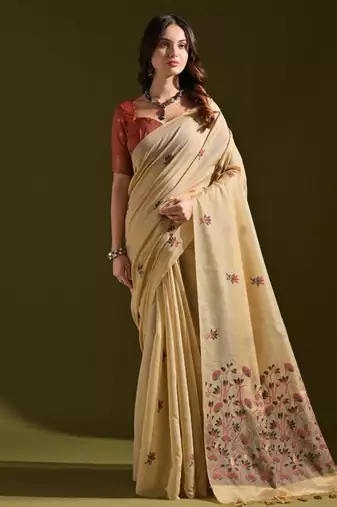 Cream color muga cotton flower weaving concept saree