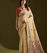 Cream muga cotton flower weaving concept saree