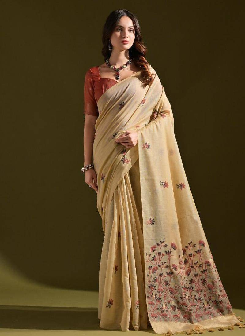 Cream color muga cotton flower weaving concept saree