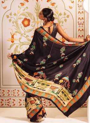 Black original japan satin saree with digital print blouse 3