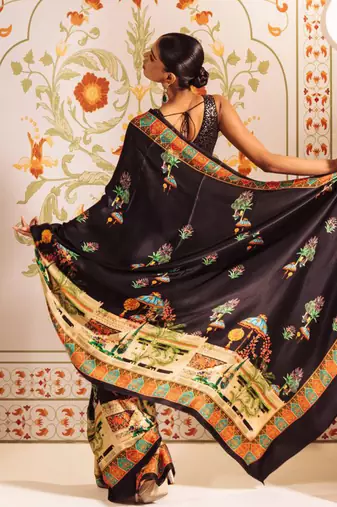 Black original japan satin saree with digital print blouse