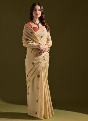 Cream muga cotton flower weaving concept saree 2