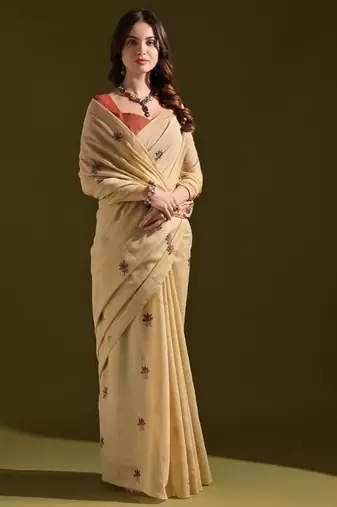 Cream color muga cotton flower weaving concept saree