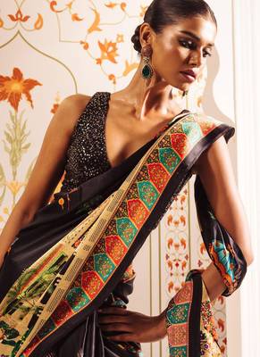Black original japan satin saree with digital print blouse 4