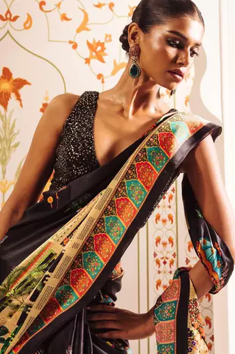 Black original japan satin saree with digital print blouse