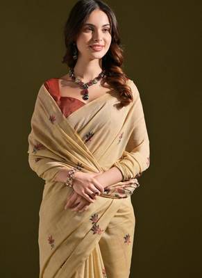 Cream muga cotton flower weaving concept saree 3