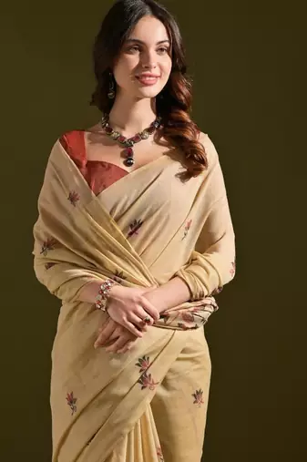Cream color muga cotton flower weaving concept saree