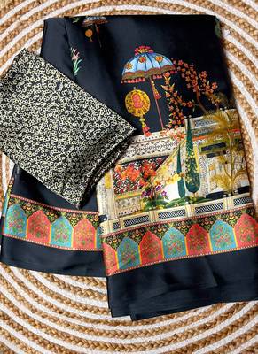 Black original japan satin saree with digital print blouse 5