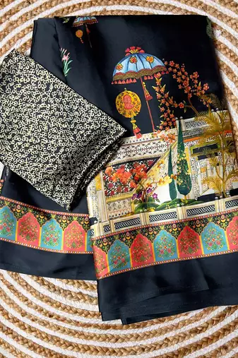 Black original japan satin saree with digital print blouse