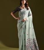 Firozi color muga cotton flower weaving concept saree