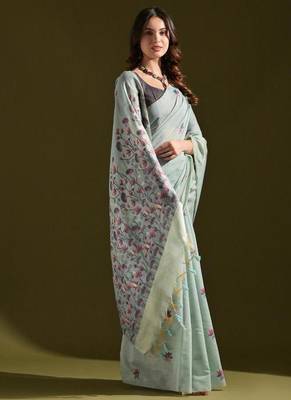 Firozi color muga cotton flower weaving concept saree 2
