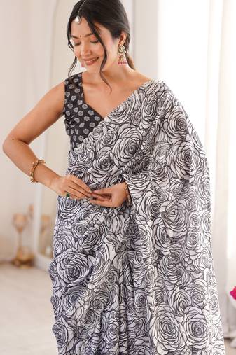 black silk blend digital printed saree with swarovski diamond work & blouse piece