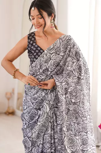 black silk blend digital printed saree with swarovski diamond work & blouse piece
