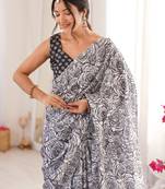 black silk blend digital printed saree with swarovski diamond work & blouse piece